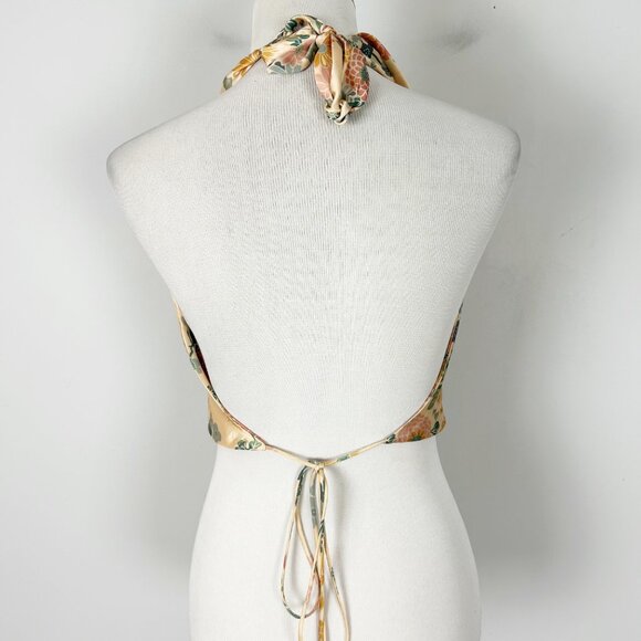 Zara Satin Effects Ecru Floral Halter Crop Top Boho Festival Summer Size Large W - Picture 4 of 5